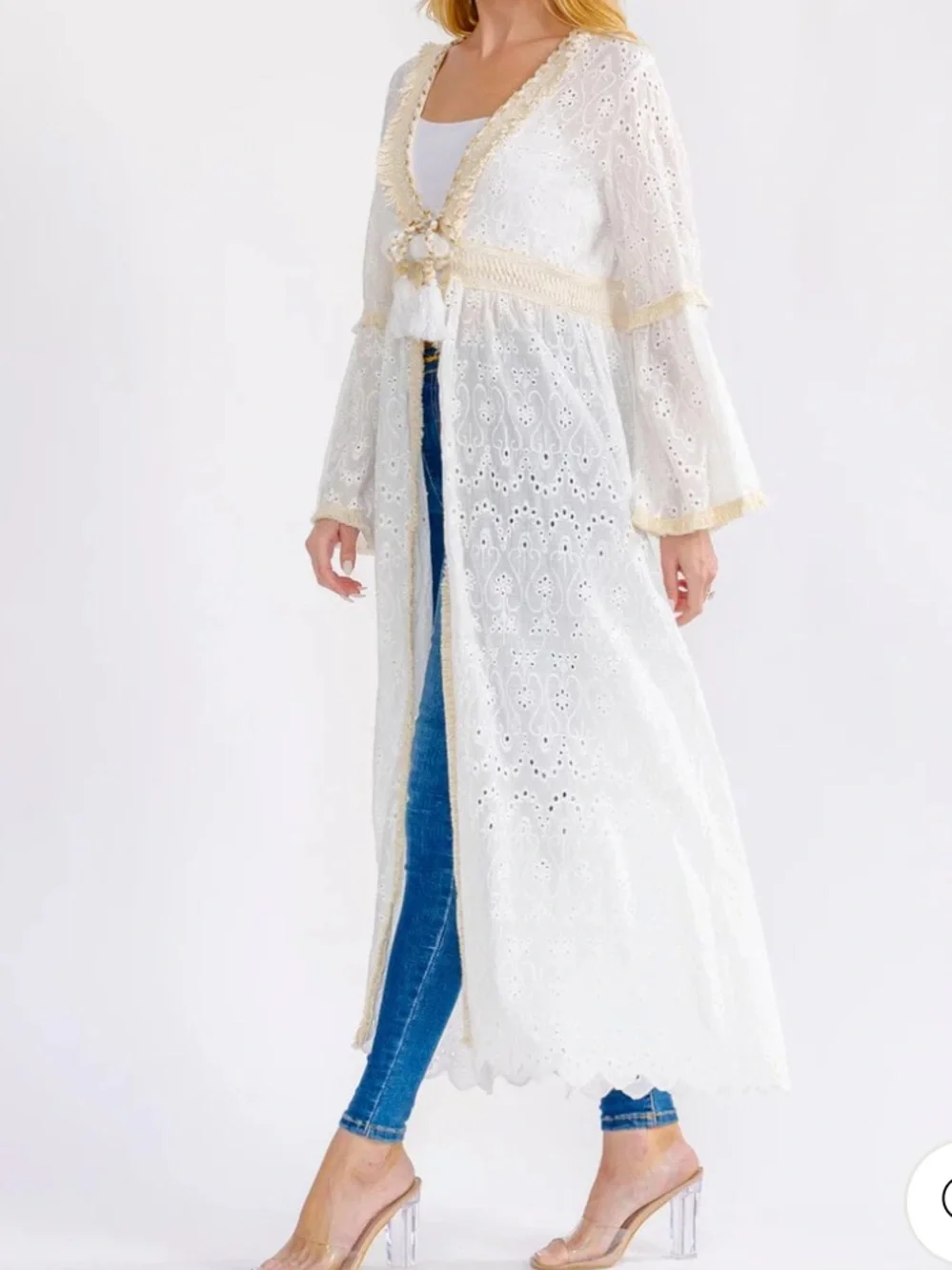 Boho womans Beach Goddess Sheer White Eyelet Tassel Duster size S-M-L - Picture 3 of 3